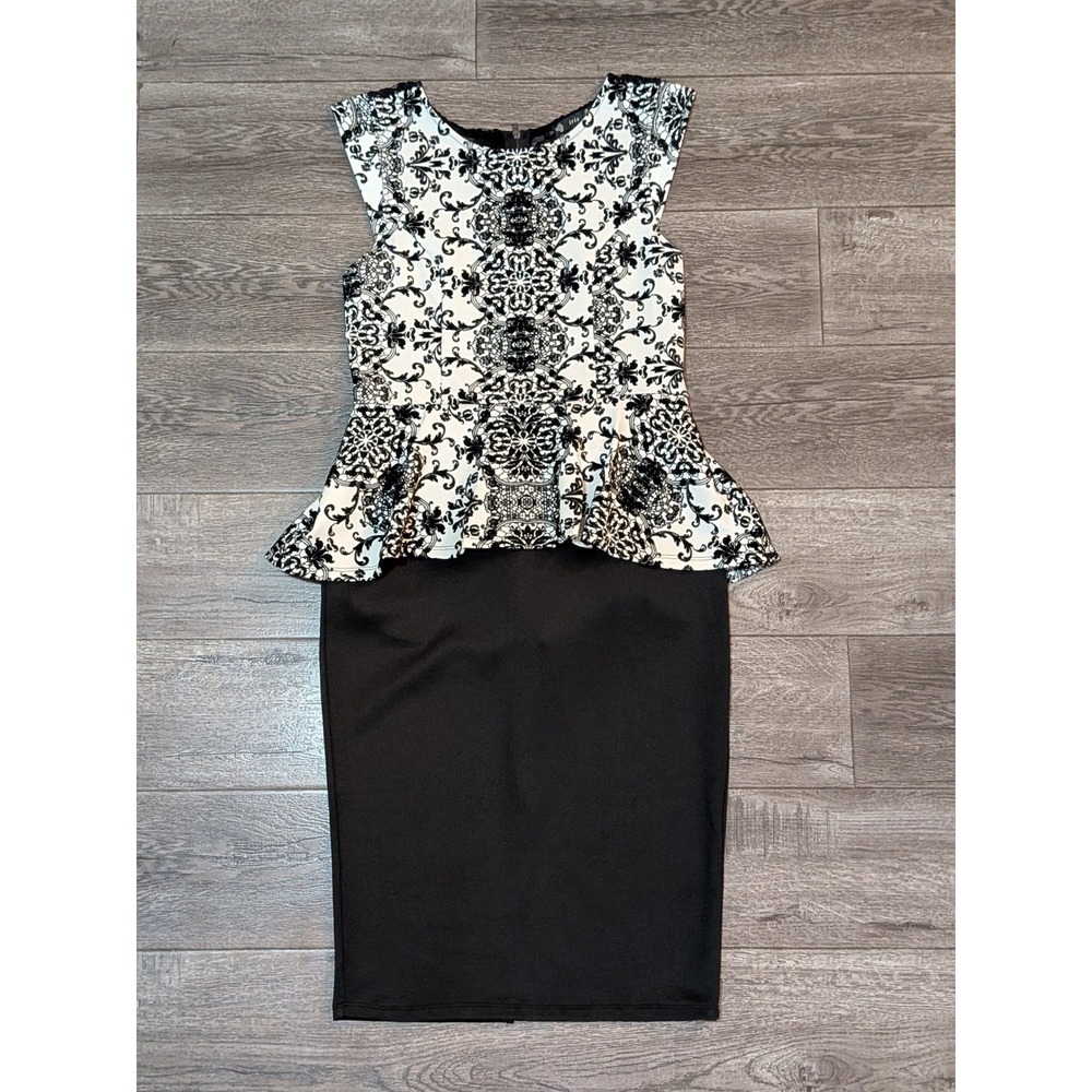 Iris Black White Damask Peplum Sheath Dress Lace Back XL ID1784